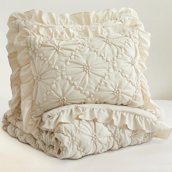 Queen Size Bed Comforter Set Cream Ruffle Ivory Shabby Cottage Chic Bedding New - Picture 2 of 4